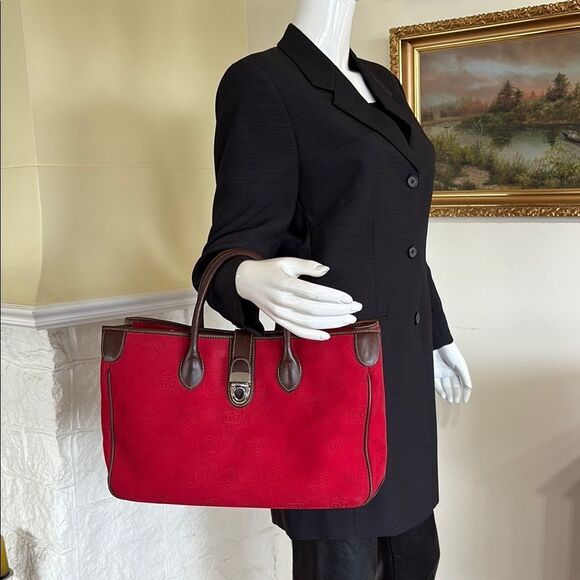 Dooney & Bourke Dual Handle Satchel Donegal Crest Red Canvas & Leather Bag - Picture 1 of 14